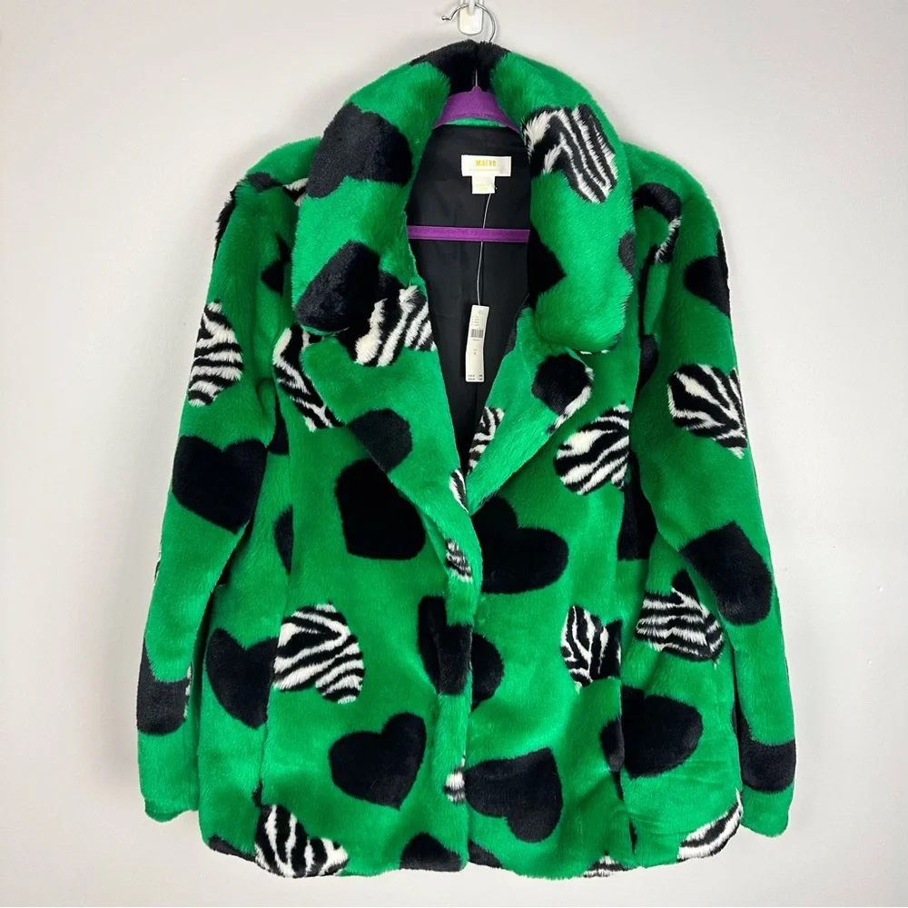 Maeve by Anthropologie Faux Fur Coat Green Black Multi Hearts Sz Medium NWT - Picture 13 of 16
